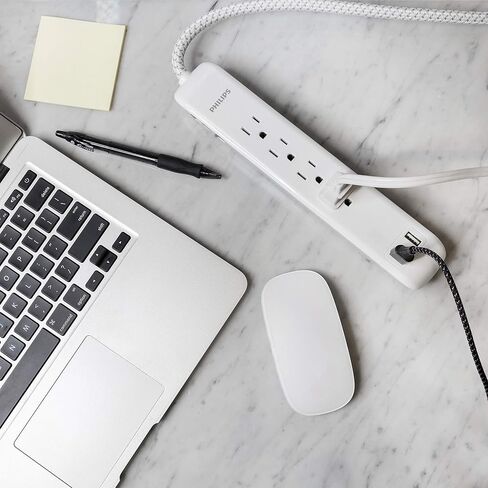 Philips 4 Outlet Power Strip Surge Protector with 2 USB Ports, 4 Ft Power Cord, Designer Braided Extension Cord, Flat Plug Extension Cord, 720 Joules, White, SPC6244WC/37 in Saudi Arabia