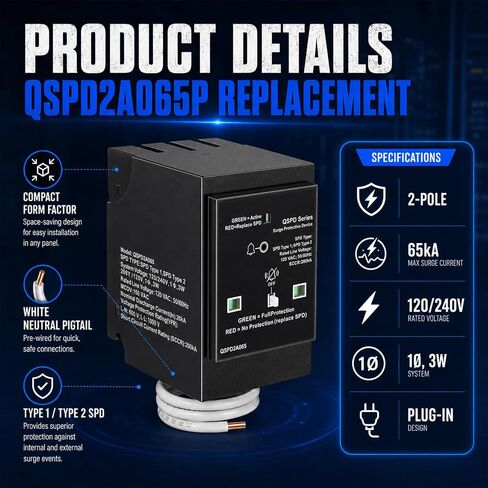 QSPD2A065P Plug-in Surge Protection Device for Siemens Panels & Type QP Load Centers, 65kA 120/240V 2-Pole 1Ø 3W Whole House Surge Protector Breaker with LED Indicator & Audible Alarm in Saudi Arabia