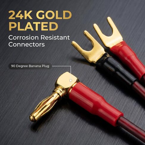 13 AWG OFC Braided Speaker Cable 6ft 2-Pack, 90 Degree Angled Gold Plated Banana Plug to Spade, for Audiophile Bookshelf Floor-Standing Speaker, Amplifier AV Receiver Home Theater Stereo System in Kuwait