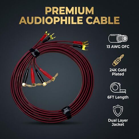 13 AWG OFC Braided Speaker Cable 6ft 2-Pack, 90 Degree Angled Gold Plated Banana Plug to Spade, for Audiophile Bookshelf Floor-Standing Speaker, Amplifier AV Receiver Home Theater Stereo System in Kuwait