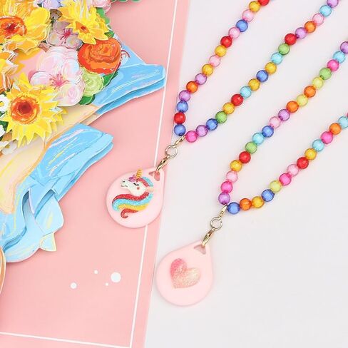 2 Pack Kids Necklace Holder for Airtag 2nd & 1st, Cute Pink Heart-Unicorn Beaded Necklace Case for Girls in Saudi Arabia