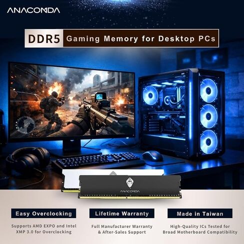 ذاكرة الوصول العشوائي للألعاب ANACOMDA DDR5 باللون الأبيض 32 جيجابايت (2 × 16 جيجابايت) 6400 ميجاهرتز CL36 زيادة سرعة التشغيل DRAM، Intel XMP 3.0 جاهز، متوافق مع AMD EXPO، ذاكرة سطح المكتب مع مبدد حراري من الألومنيوم، سلسلة Kingsnake، صنع في تايوان in Kuwait