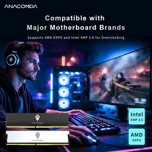 ذاكرة الوصول العشوائي للألعاب ANACOMDA DDR5 باللون الأبيض 32 جيجابايت (2 × 16 جيجابايت) 6400 ميجاهرتز CL36 زيادة سرعة التشغيل DRAM، Intel XMP 3.0 جاهز، متوافق مع AMD EXPO، ذاكرة سطح المكتب مع مبدد حراري من الألومنيوم، سلسلة Kingsnake، صنع في تايوان in Kuwait