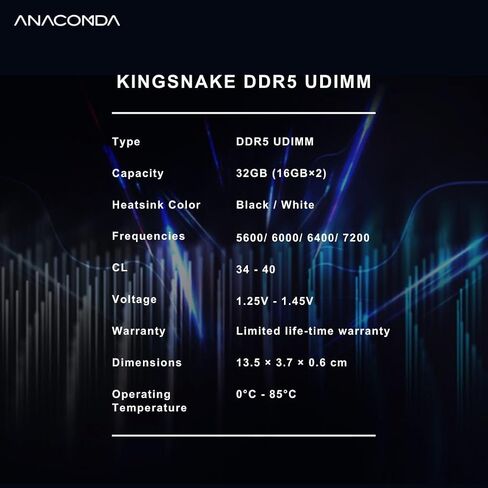 ذاكرة الوصول العشوائي للألعاب ANACOMDA DDR5 باللون الأبيض 32 جيجابايت (2 × 16 جيجابايت) 6400 ميجاهرتز CL36 زيادة سرعة التشغيل DRAM، Intel XMP 3.0 جاهز، متوافق مع AMD EXPO، ذاكرة سطح المكتب مع مبدد حراري من الألومنيوم، سلسلة Kingsnake، صنع في تايوان in Kuwait