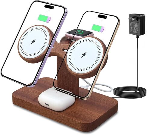 Wood Dual Phone Charging Station Compatible with Magsafe Charger Stand Magnetic Wireless Charger for iPhone 17 16 15 14 13 12 Series iWatch AirPods Wireless Charging Station for Apple Devices in Kuwait