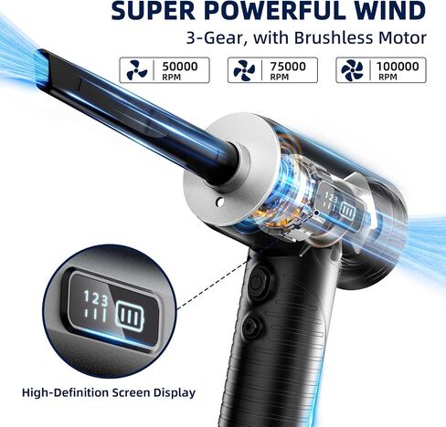 Compressed Air Duster, 100000RPM Super Power Electric Air Duster with LED Light, 3-Gear Adjustable Rechargeable Cordless Air Blower for Keyboard Car House Electric Devices Cleaning Outdoor in Saudi Arabia