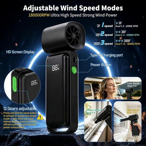 Compressed Air Duster - 180000RPM Powerful Electric Air Duster, 12 Gear Adjustable Cordless Air Blower, Rechargeable Air Dust Cleaner for Keyboard, Computer, Home, Outdoor, Car in Saudi Arabia