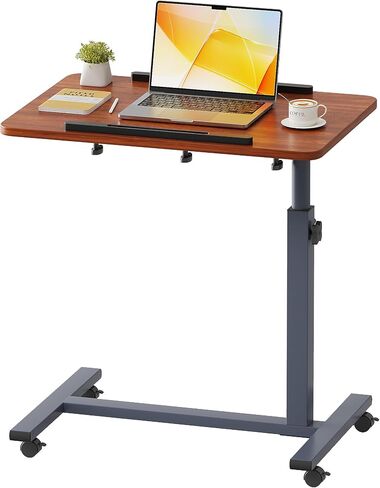Laptop Table Mobile Adjustable Height Portable Desk Notebook Swivel PC Computer Rolling Desk with Wheels, Laptop Stand for Couch Bedside Hospital Bed Table(Red Walnut) in Saudi Arabia