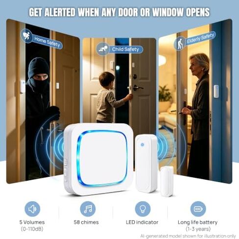 4 in 2 Sensor Wireless Door Chime 58 Melodies 5 Volume Alarm LED for Home in Saudi Arabia