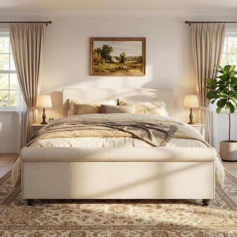 King Size Bed Frame, Linen Fabric, Beige in Saudi Arabia