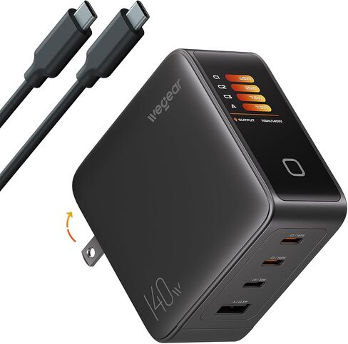 wegear 140W GaN USB C Charger Block، 4-Port PD3.1 شاحن حائط سريع مع شاشة ذكية وتحكم باللمس، محول طاقة قابل للطي مع كابل USB-C 240W لأجهزة MacBook Pro وiPhone 17/16 وiPad وGalaxy S25/S24 in Kuwait