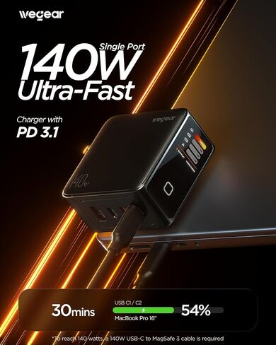 wegear 140W GaN USB C Charger Block، 4-Port PD3.1 شاحن حائط سريع مع شاشة ذكية وتحكم باللمس، محول طاقة قابل للطي مع كابل USB-C 240W لأجهزة MacBook Pro وiPhone 17/16 وiPad وGalaxy S25/S24 in Kuwait