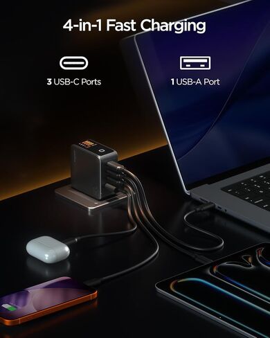 wegear 140W GaN USB C Charger Block، 4-Port PD3.1 شاحن حائط سريع مع شاشة ذكية وتحكم باللمس، محول طاقة قابل للطي مع كابل USB-C 240W لأجهزة MacBook Pro وiPhone 17/16 وiPad وGalaxy S25/S24 in Kuwait