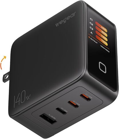wegear 140W GaN USB C Charger Block، 4-Port PD3.1 شاحن حائط سريع مع شاشة ذكية وتحكم باللمس، محول طاقة قابل للطي مع كابل USB-C 240W لأجهزة MacBook Pro وiPhone 17/16 وiPad وGalaxy S25/S24 in Kuwait