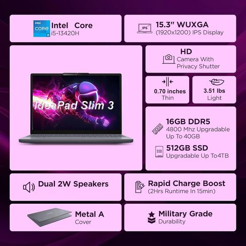 Lenovo 2026 IdeaPad Slim 3 Laptop - Intel Core i5-13420H, 15.3" FHD Anti-Glare Display, 16GB DDR5 RAM, 256GB SSD, Office 365, AI-Powered Copilot, Lightweight for Students & Professionals, Slate in Saudi Arabia
