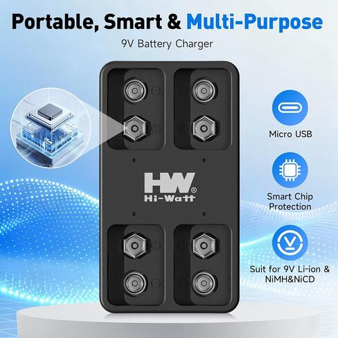 HW 9V Rechargeable Batteries 4 Pack, 3600mWh with 4-Slot Charger in Saudi Arabia