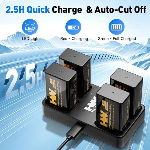 HW 9V Rechargeable Batteries 4 Pack, 3600mWh with 4-Slot Charger in Saudi Arabia