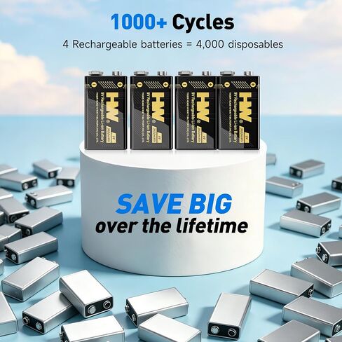 HW 9V Rechargeable Batteries 4 Pack, 3600mWh with 4-Slot Charger in Saudi Arabia
