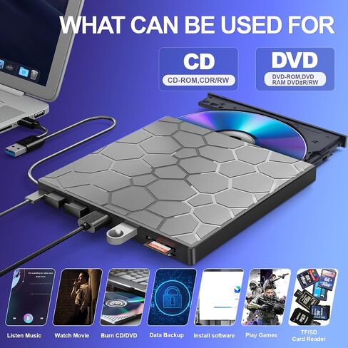 BPAKDU External CD/DVD Drive for Laptop, DVD Player for Laptop, 8 in 1 USB 3.0 Ultra-Slim Portable, CD Burner External Disk Drive Optical Compatible with Desktop Mac,Windows 11/10/8/7 Linux in Kuwait