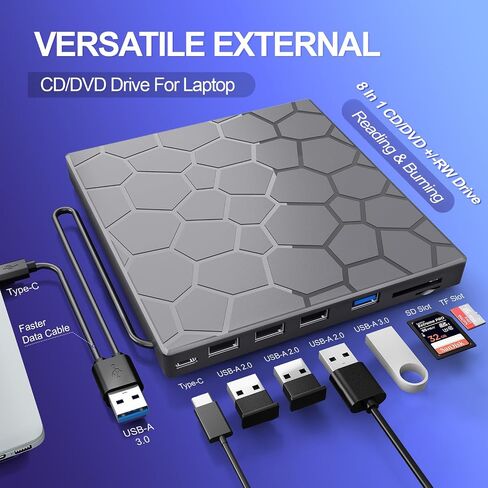 BPAKDU External CD/DVD Drive for Laptop, DVD Player for Laptop, 8 in 1 USB 3.0 Ultra-Slim Portable, CD Burner External Disk Drive Optical Compatible with Desktop Mac,Windows 11/10/8/7 Linux in Kuwait