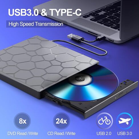 BPAKDU External CD/DVD Drive for Laptop, DVD Player for Laptop, 8 in 1 USB 3.0 Ultra-Slim Portable, CD Burner External Disk Drive Optical Compatible with Desktop Mac,Windows 11/10/8/7 Linux in Kuwait
