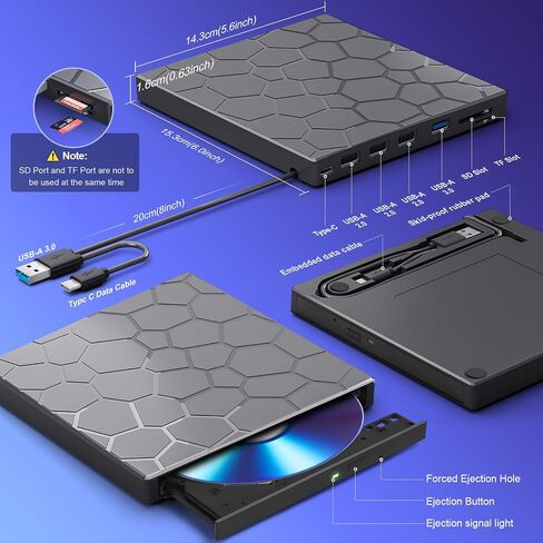 BPAKDU External CD/DVD Drive for Laptop, DVD Player for Laptop, 8 in 1 USB 3.0 Ultra-Slim Portable, CD Burner External Disk Drive Optical Compatible with Desktop Mac,Windows 11/10/8/7 Linux in Kuwait