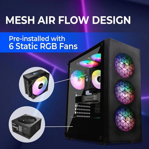 RAIDMAX X921 Mesh Airflow ATX Mid Tower Gaming PC Case, 6X 120mm Static RGB Color Fans Pre-Installed, Tempered Glass Side Panel, High Airflow Design, Supports 320mm GPU & 240mm Radiator (Bundle) in Kuwait