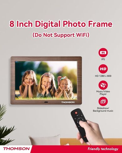 THOMSON 8" Digital Picture Frame, 1280 * 800 IPS Full View Ultra Clear Screen with Remote Control, Wooden Frame, Share Videos Photos Send Wishes Auto-Rotate Slideshow Non-WiFi (8 Inch Non-WiFi) in Saudi Arabia