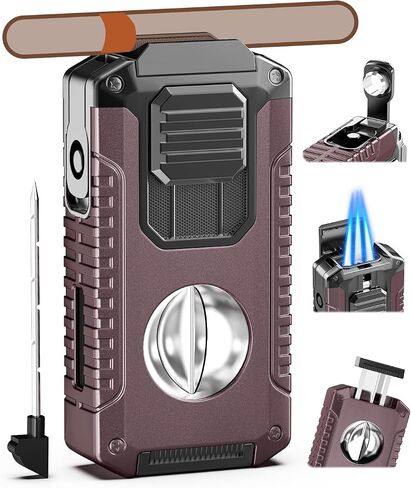 5-in-1 Butane Torch Lighter with Triple Jet Flame, Built-in Straight Cutter, Holder, Punch, Draw Enhancer, Cool Refillable Butane Lighter, Adjustable Windproof Lighters, Gifts for Men, Candle, Travel in Kuwait
