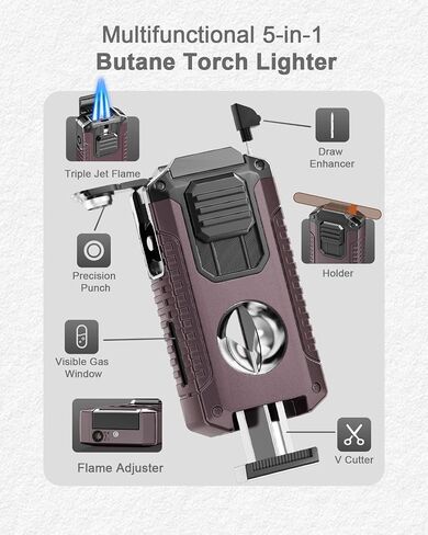 5-in-1 Butane Torch Lighter with Triple Jet Flame, Built-in Straight Cutter, Holder, Punch, Draw Enhancer, Cool Refillable Butane Lighter, Adjustable Windproof Lighters, Gifts for Men, Candle, Travel in Kuwait