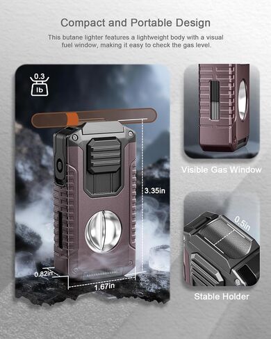 5-in-1 Butane Torch Lighter with Triple Jet Flame, Built-in Straight Cutter, Holder, Punch, Draw Enhancer, Cool Refillable Butane Lighter, Adjustable Windproof Lighters, Gifts for Men, Candle, Travel in Kuwait
