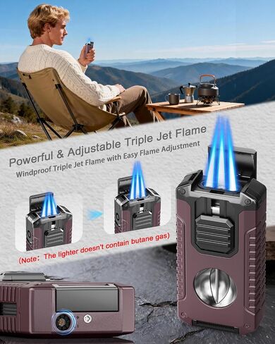 5-in-1 Butane Torch Lighter with Triple Jet Flame, Built-in Straight Cutter, Holder, Punch, Draw Enhancer, Cool Refillable Butane Lighter, Adjustable Windproof Lighters, Gifts for Men, Candle, Travel in Kuwait