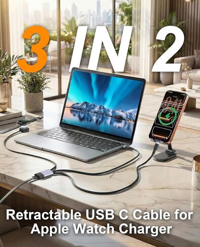3 in 2 Retractable USB C Cable for Apple Watch Charger - 100W USB C and iWatch Charger with Data Sync, Portable Travel Cable for iWatch Ultra 2/SE2/Series 11-1, iPhone 17/16/15, iPad, AirPods, MacBook in Saudi Arabia