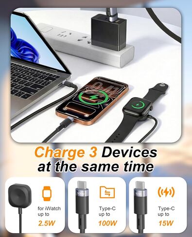 3 in 2 Retractable USB C Cable for Apple Watch Charger - 100W USB C and iWatch Charger with Data Sync, Portable Travel Cable for iWatch Ultra 2/SE2/Series 11-1, iPhone 17/16/15, iPad, AirPods, MacBook in Saudi Arabia