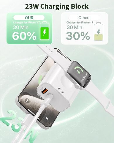 Charging Block for Apple Watch Charger,3 in 1 23W USB C Charging Block Build in Wireless iWatch Charger with 6FT USBC Cable Travel Wall Adapter Compatible with iWatch 11/Ultra/SE/10,iPhone 17/16,iPad in Kuwait