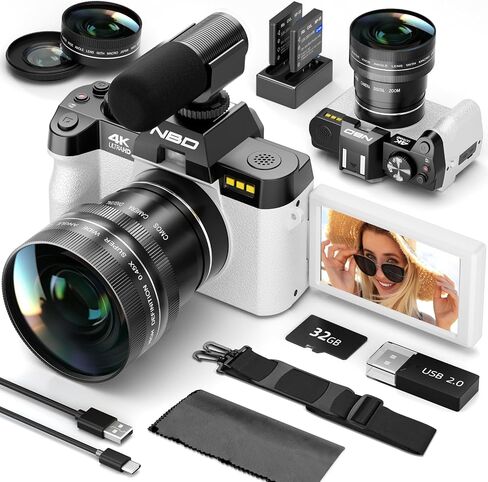 كاميرات NBD الرقمية بدقة 48 ميجابكسل للتصوير الفوتوغرافي - كاميرا سفر تكبير 16X مع شاشة قلاب 180 درجة، وكاميرات تسجيل فيديو بدقة 4K Fotograficas لليوتيوب، والتركيز التلقائي، وعدسة ماكرو، وبطاريتين وبطاقة SD سعة 32 جيجابايت (أبيض) in Kuwait