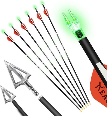 6 Pack 31 Inch Carbon Hunting Arrows with 100 Grain Hunting Broadheads and .244 Lighted Nocks Archery Arrows for Compound Bow Recurve Bow Archery Hunting in Kuwait