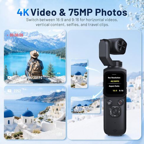 4K Vlogging Camera, 75MP Pocket camera with 330° Rotating Lens, Face Track in Kuwait