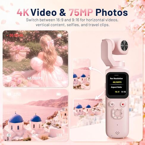 4K Vlogging Camera, 75MP Pocket Camera with 330° Rotating Lens, Face Track in Kuwait