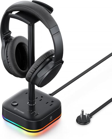 حامل سماعة الرأس TROND مع USB C، حامل سماعة رأس للألعاب المكتبية مع 3 منافذ تيار متردد، 2 USB-A و1 USB-C، حامل سماعة الرأس مع 5 أوضاع إضاءة RGB، لملحقات مكتب الألعاب، هدايا صديق اللاعب in Kuwait