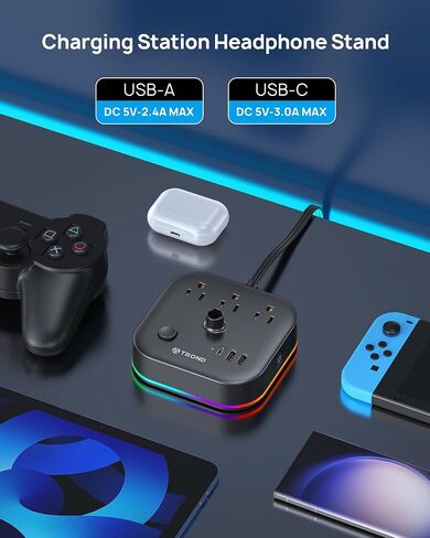 حامل سماعة الرأس TROND مع USB C، حامل سماعة رأس للألعاب المكتبية مع 3 منافذ تيار متردد، 2 USB-A و1 USB-C، حامل سماعة الرأس مع 5 أوضاع إضاءة RGB، لملحقات مكتب الألعاب، هدايا صديق اللاعب in Kuwait