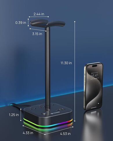 حامل سماعة الرأس TROND مع USB C، حامل سماعة رأس للألعاب المكتبية مع 3 منافذ تيار متردد، 2 USB-A و1 USB-C، حامل سماعة الرأس مع 5 أوضاع إضاءة RGB، لملحقات مكتب الألعاب، هدايا صديق اللاعب in Kuwait