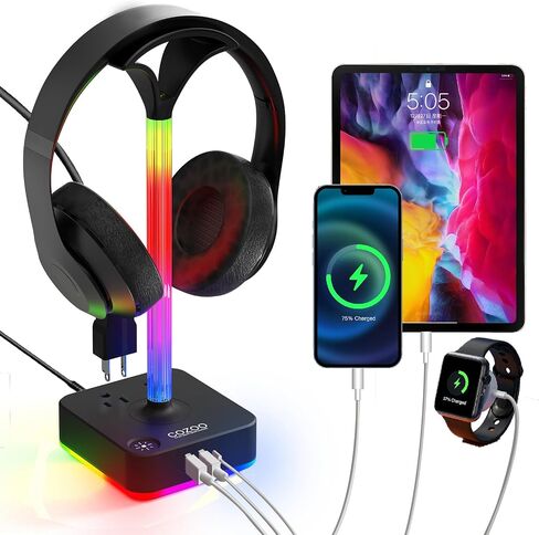 cozoo RGB Headphone Stand with Charger 3 USB Ports and 2 AC Outlets,2 USB-A 1 Type C,Desk Gaming Headset Holder with 9 Light Modes,PC Gaming Desk Accessories,Gamer Gifts,RGB Gaming Stuff Headset Stand in Kuwait