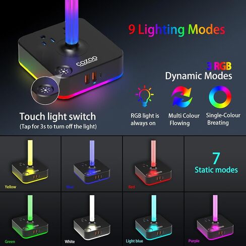 cozoo RGB Headphone Stand with Charger 3 USB Ports and 2 AC Outlets,2 USB-A 1 Type C,Desk Gaming Headset Holder with 9 Light Modes,PC Gaming Desk Accessories,Gamer Gifts,RGB Gaming Stuff Headset Stand in Kuwait
