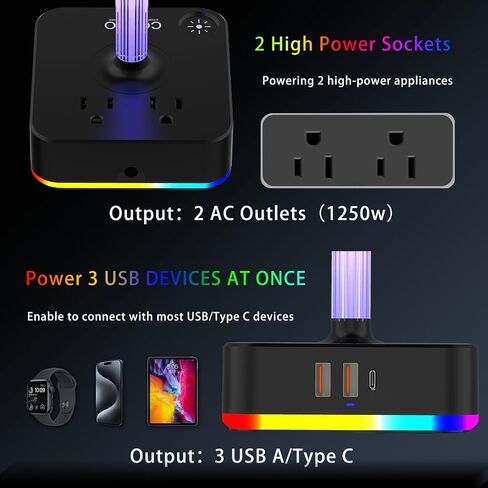 cozoo RGB Headphone Stand with Charger 3 USB Ports and 2 AC Outlets,2 USB-A 1 Type C,Desk Gaming Headset Holder with 9 Light Modes,PC Gaming Desk Accessories,Gamer Gifts,RGB Gaming Stuff Headset Stand in Kuwait