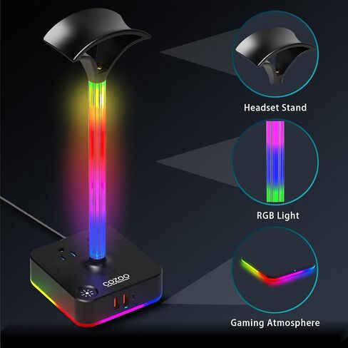 cozoo RGB Headphone Stand with Charger 3 USB Ports and 2 AC Outlets,2 USB-A 1 Type C,Desk Gaming Headset Holder with 9 Light Modes,PC Gaming Desk Accessories,Gamer Gifts,RGB Gaming Stuff Headset Stand in Kuwait