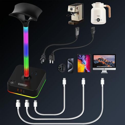 cozoo RGB Headphone Stand with Charger 3 USB Ports and 2 AC Outlets,2 USB-A 1 Type C,Desk Gaming Headset Holder with 9 Light Modes,PC Gaming Desk Accessories,Gamer Gifts,RGB Gaming Stuff Headset Stand in Kuwait