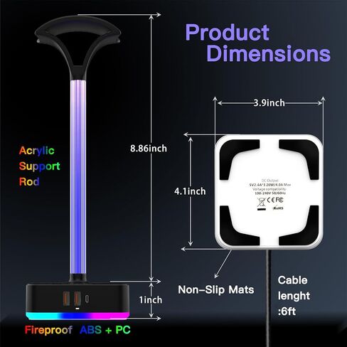 cozoo RGB Headphone Stand with Charger 3 USB Ports and 2 AC Outlets,2 USB-A 1 Type C,Desk Gaming Headset Holder with 9 Light Modes,PC Gaming Desk Accessories,Gamer Gifts,RGB Gaming Stuff Headset Stand in Kuwait