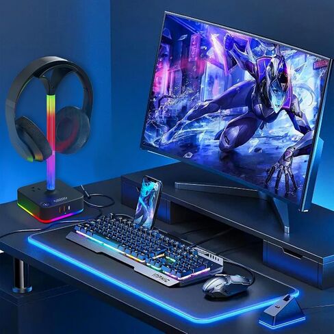 cozoo RGB Headphone Stand with Charger 3 USB Ports and 2 AC Outlets,2 USB-A 1 Type C,Desk Gaming Headset Holder with 9 Light Modes,PC Gaming Desk Accessories,Gamer Gifts,RGB Gaming Stuff Headset Stand in Kuwait