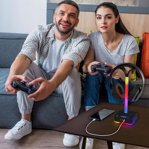 cozoo RGB Headphone Stand with Charger 3 USB Ports and 2 AC Outlets,2 USB-A 1 Type C,Desk Gaming Headset Holder with 9 Light Modes,PC Gaming Desk Accessories,Gamer Gifts,RGB Gaming Stuff Headset Stand in Kuwait